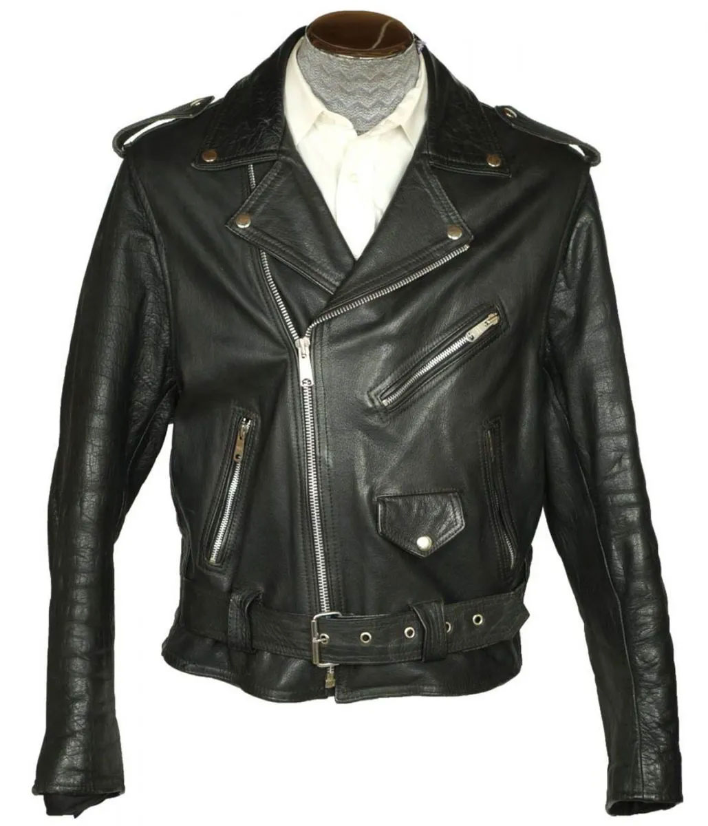 2 Men’s Motorcycle Belted Black Leather Jacket - Image 1