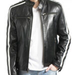 Men’s Biker White Stripes Black Leather Jacket